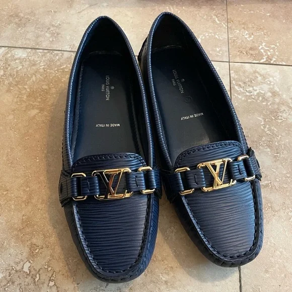 Louis Vuitton Navy Blue Loafers with Gold Accent - Picture 2 of 16